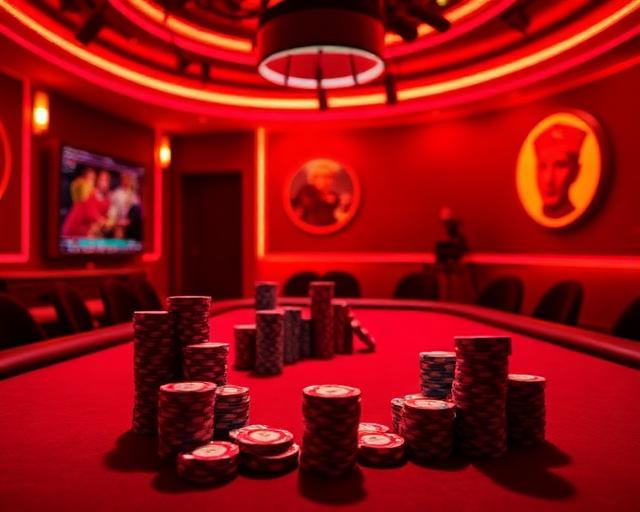 Neon-lit poker room with red felt table and stacked chips