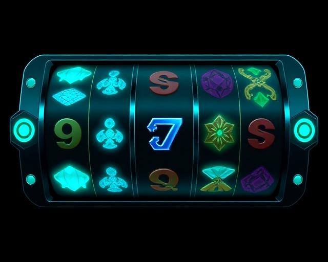 Digital slot reels with glowing teal symbols
