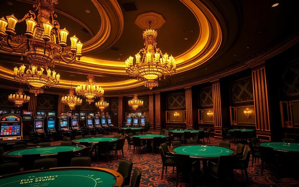 Opulent casino floor with chandeliers and gaming tables